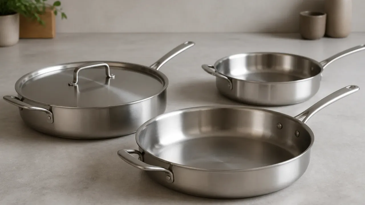 Unbranded stainless steel chef pans with broad bases and high curved walls on a neutral counter; conceptual illustration that does not verify hidden construction.