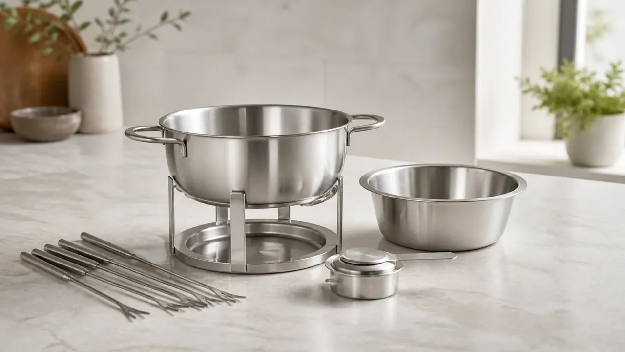 Unbranded stainless steel fondue pot, insert, stand, burner cup, and forks arranged on a neutral inactive counter.