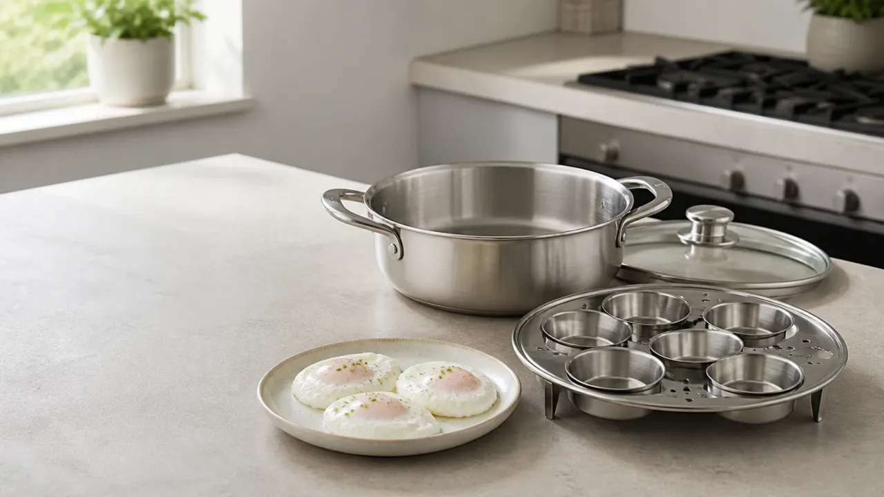 Unbranded stainless steel egg-poaching pan, rack, lid, and cooked eggs on a quiet kitchen counter.