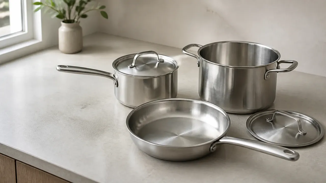 Unbranded five-ply stainless steel pots and pans arranged on a neutral stone counter.