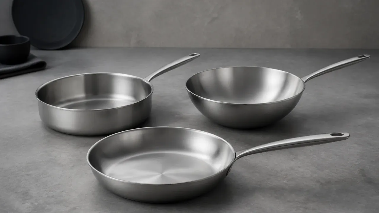 Unbranded stainless steel cookware with fixed handles arranged on a neutral counter.
