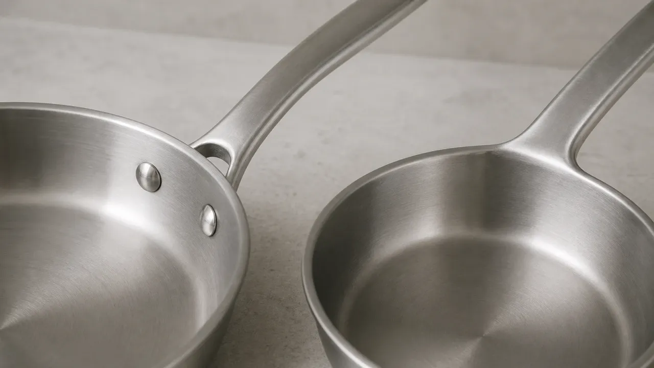 Illustrative unbranded cookware comparison showing exposed rivets on one pan and a smooth handle junction on another; the image does not verify welding.