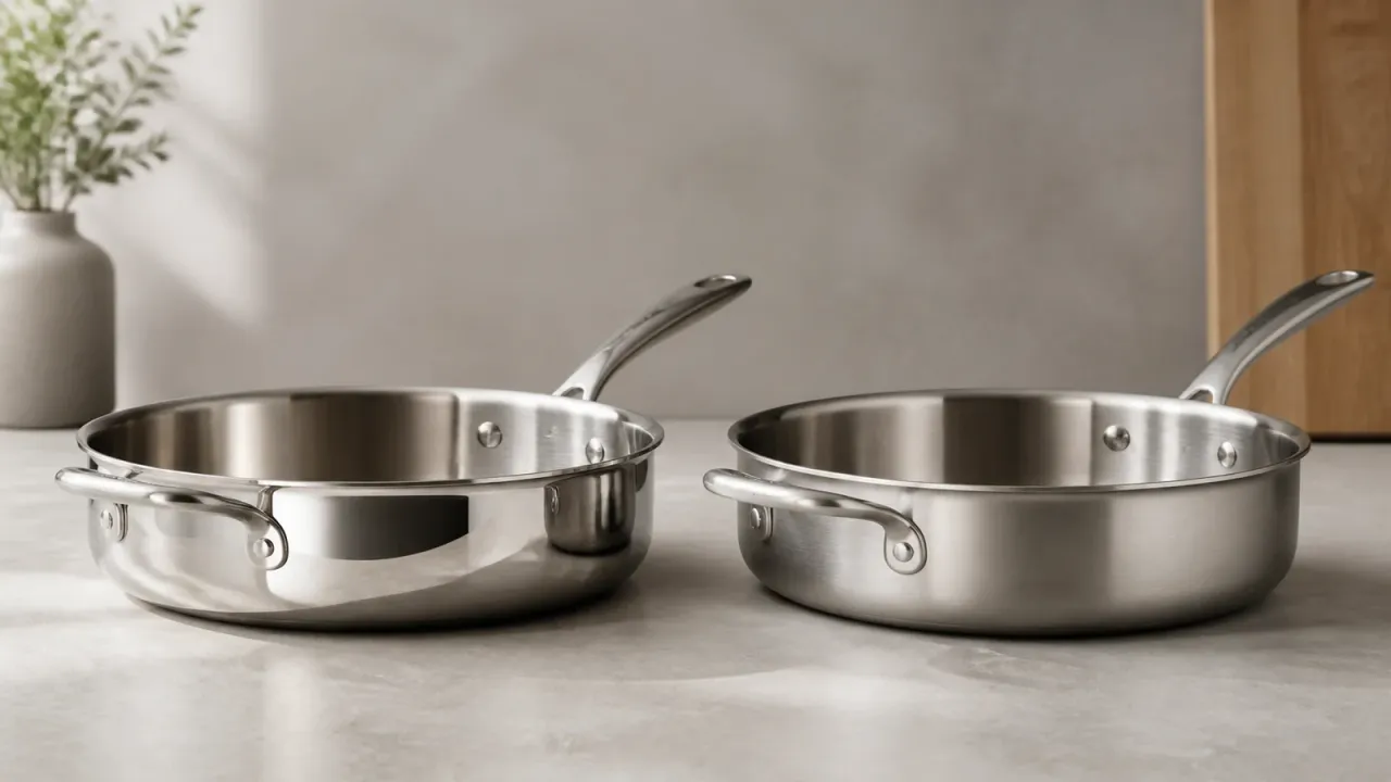 Two unbranded stainless steel pans showing mirror-polished and brushed exterior finishes
