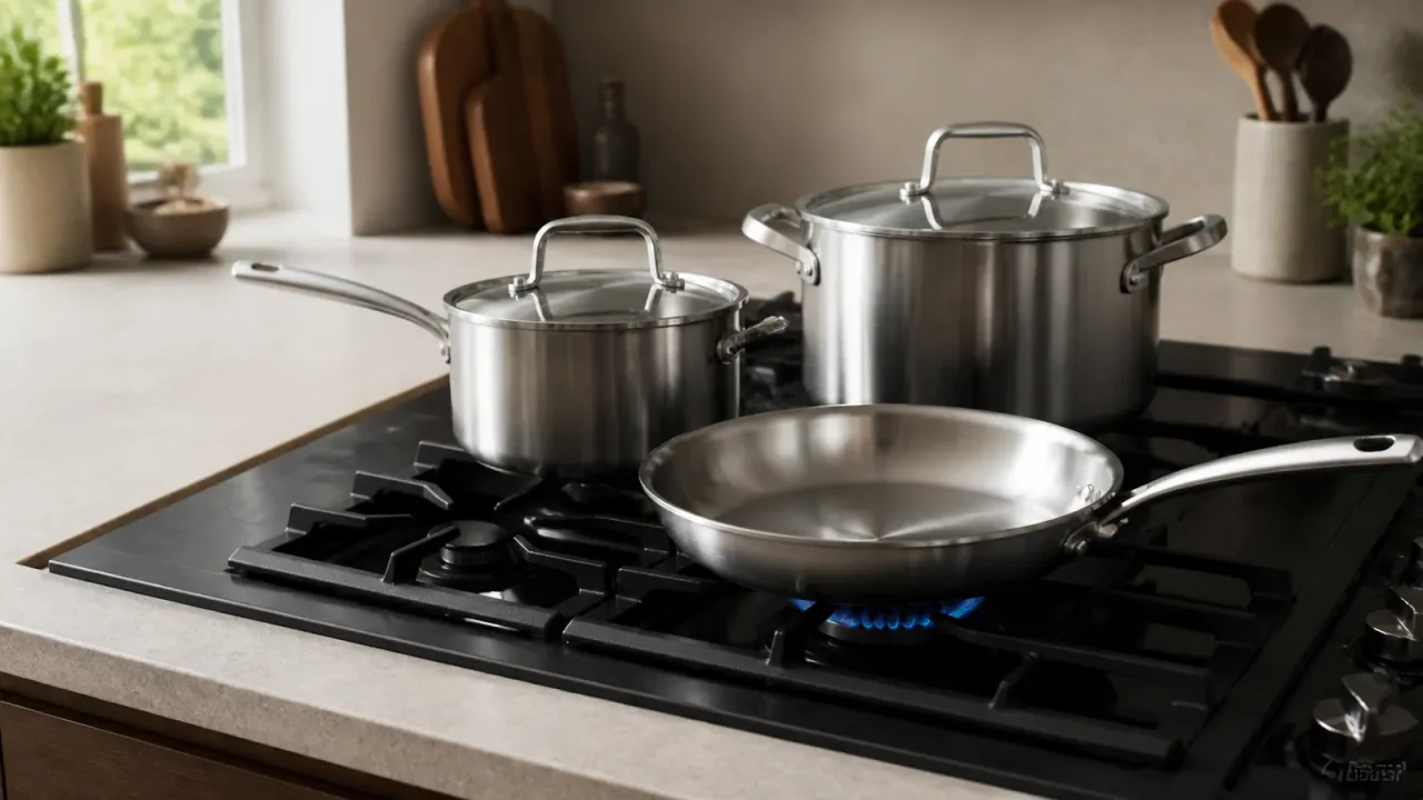 Unbranded stainless steel cookware arranged safely on a gas range with a controlled blue flame.