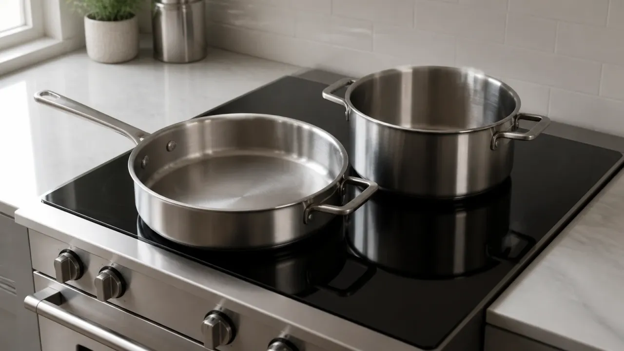 Illustration of unbranded stainless cookware on an inactive range; it does not verify hidden construction or heat limits.