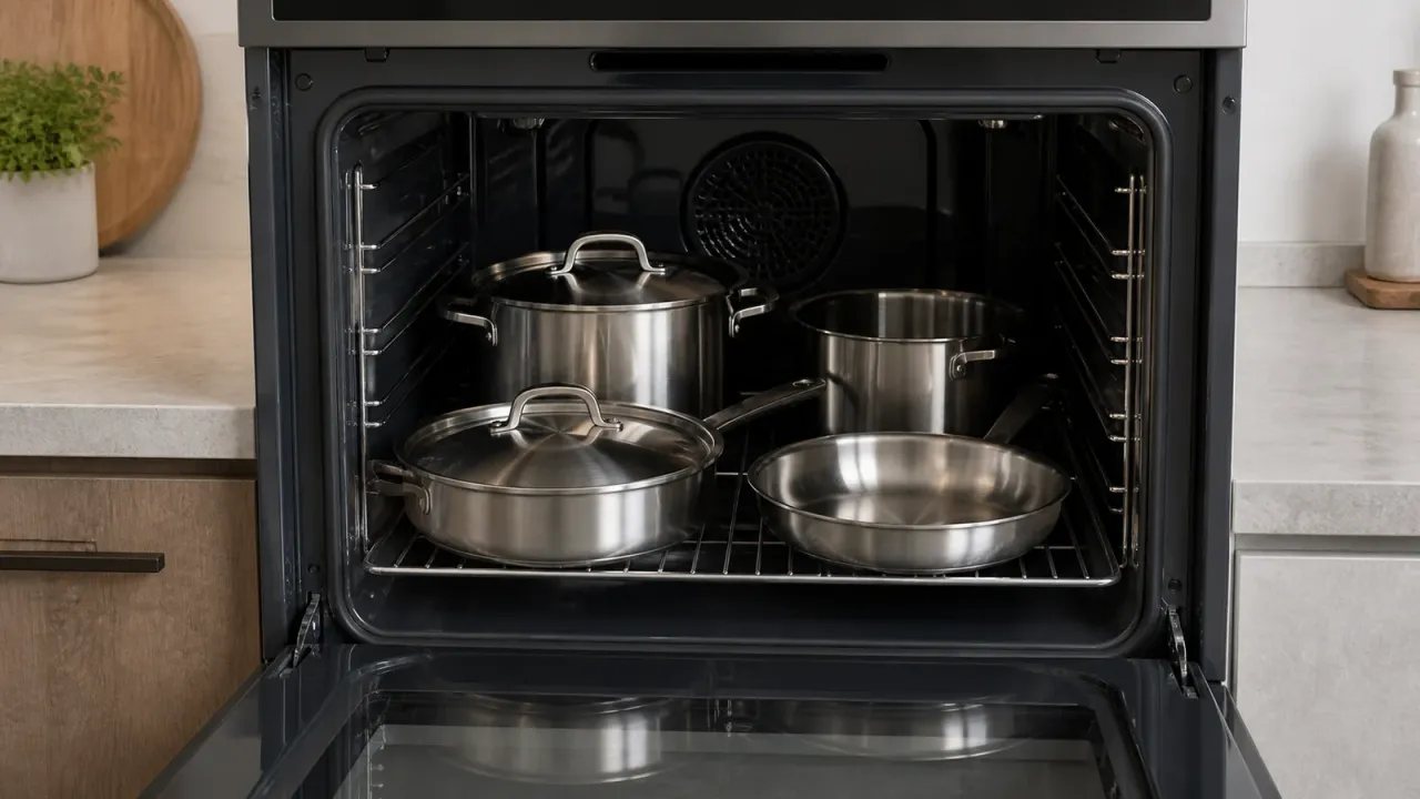 Stainless steel pans and pots arranged safely inside an inactive oven.
