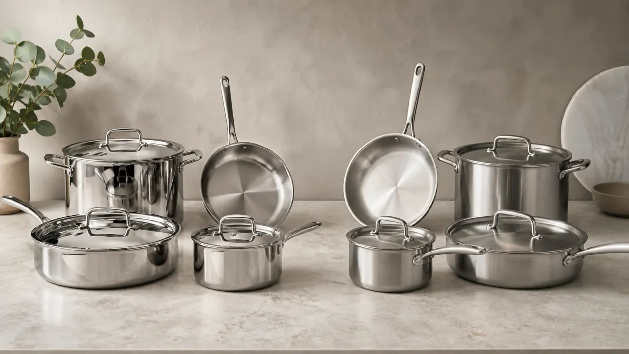Unbranded stainless cookware sets arranged side by side on a neutral counter