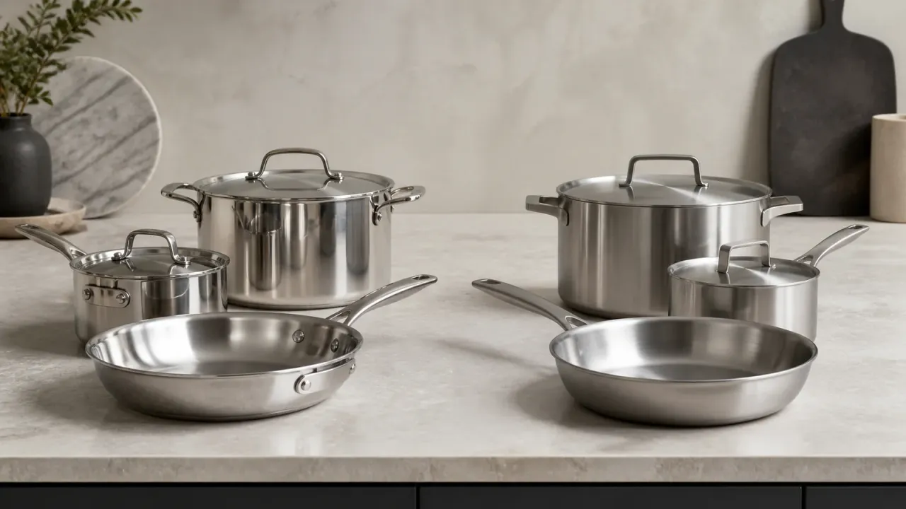 Illustration of two unbranded stainless cookware groups; it does not verify either brand's hidden construction or performance.