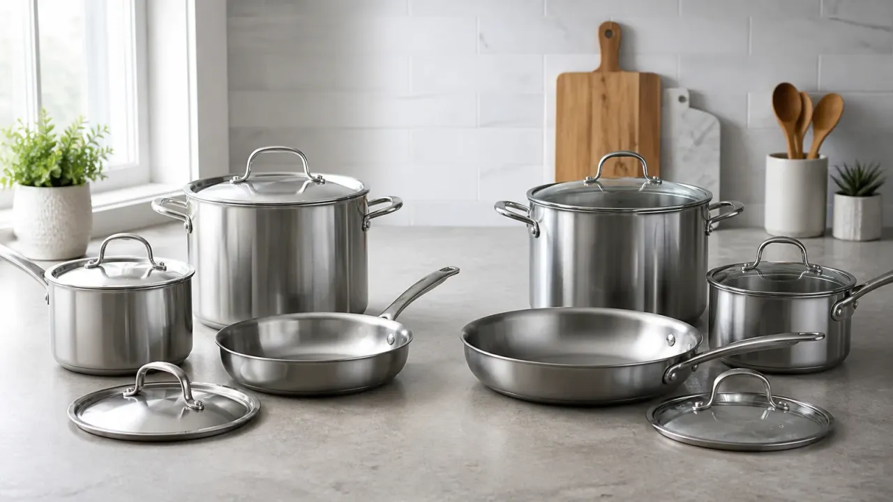 Two unbranded stainless steel cookware groupings with different lid materials arranged on a neutral counter; illustrative comparison only.