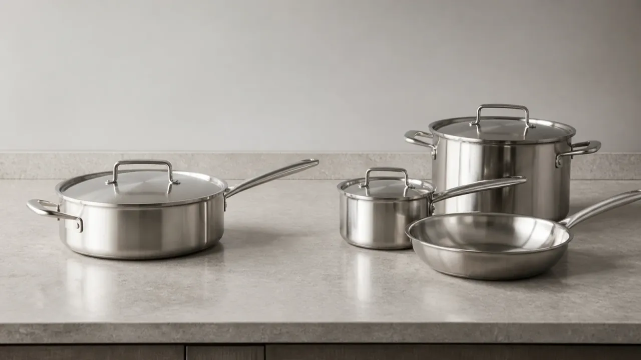 Unbranded stainless steel cookware groups arranged separately on a neutral counter for an illustrative comparison