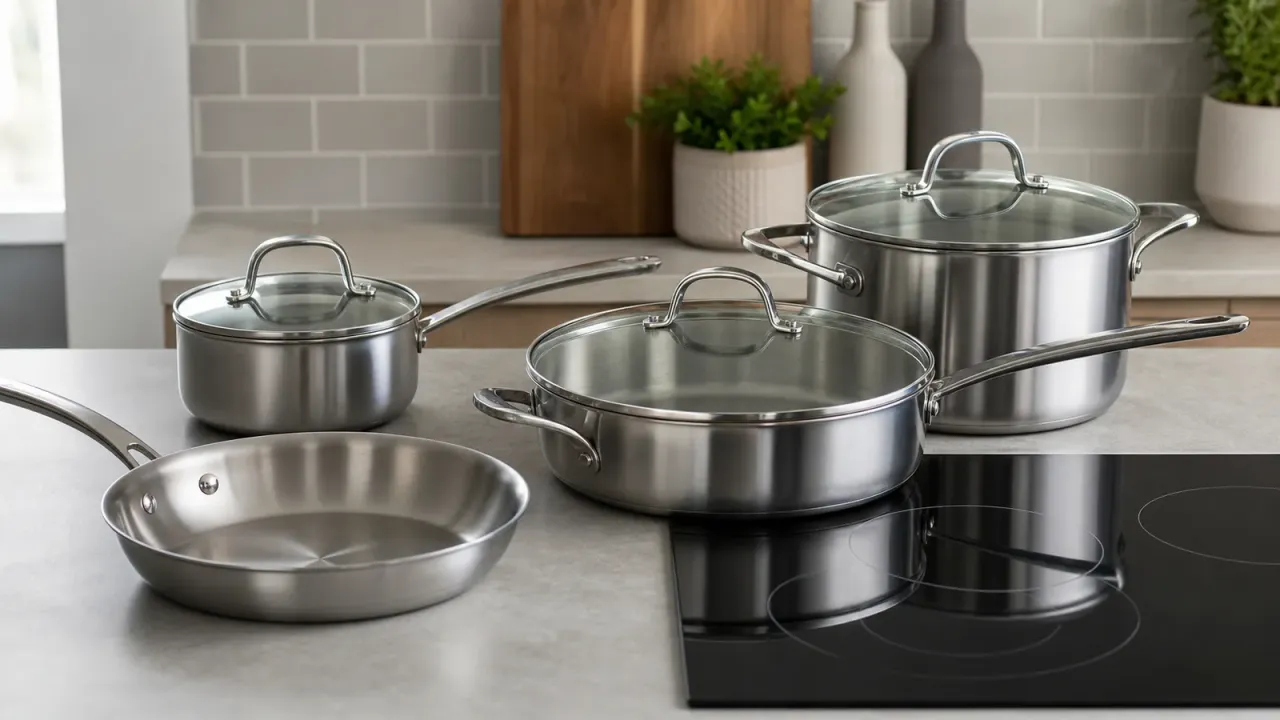 Unbranded stainless steel cookware set arranged on a clean inactive electric cooktop.