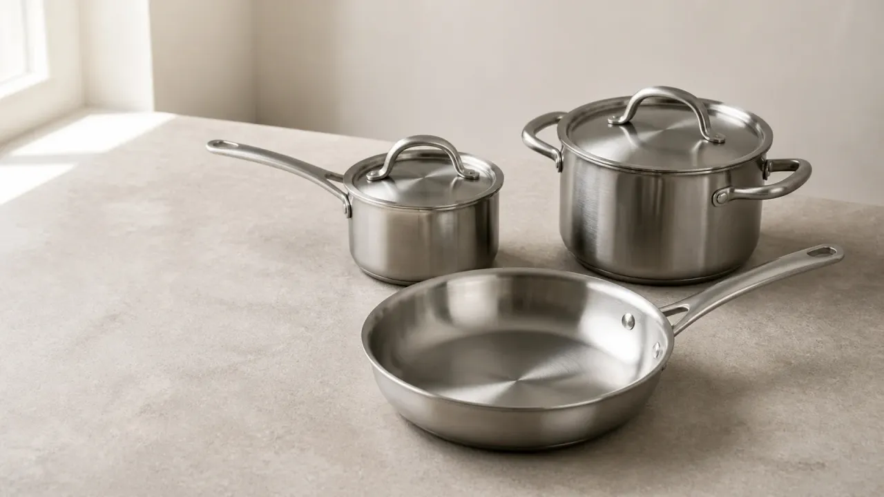 Unbranded stainless steel skillet, saucepan, and stockpot arranged on a neutral counter for a beginner cookware guide.