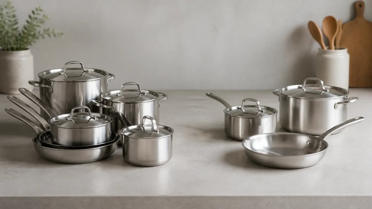 A coordinated stainless cookware set beside a separate skillet, saucepan, and stockpot trio on a neutral counter