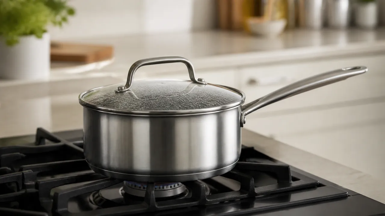 An unbranded covered stainless steel saucepan at gentle heat