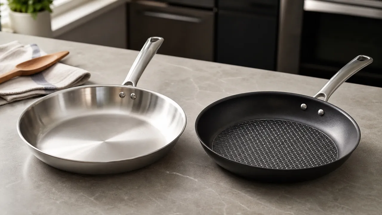 Unbranded hybrid patterned skillet beside a bare stainless steel skillet on a kitchen counter
