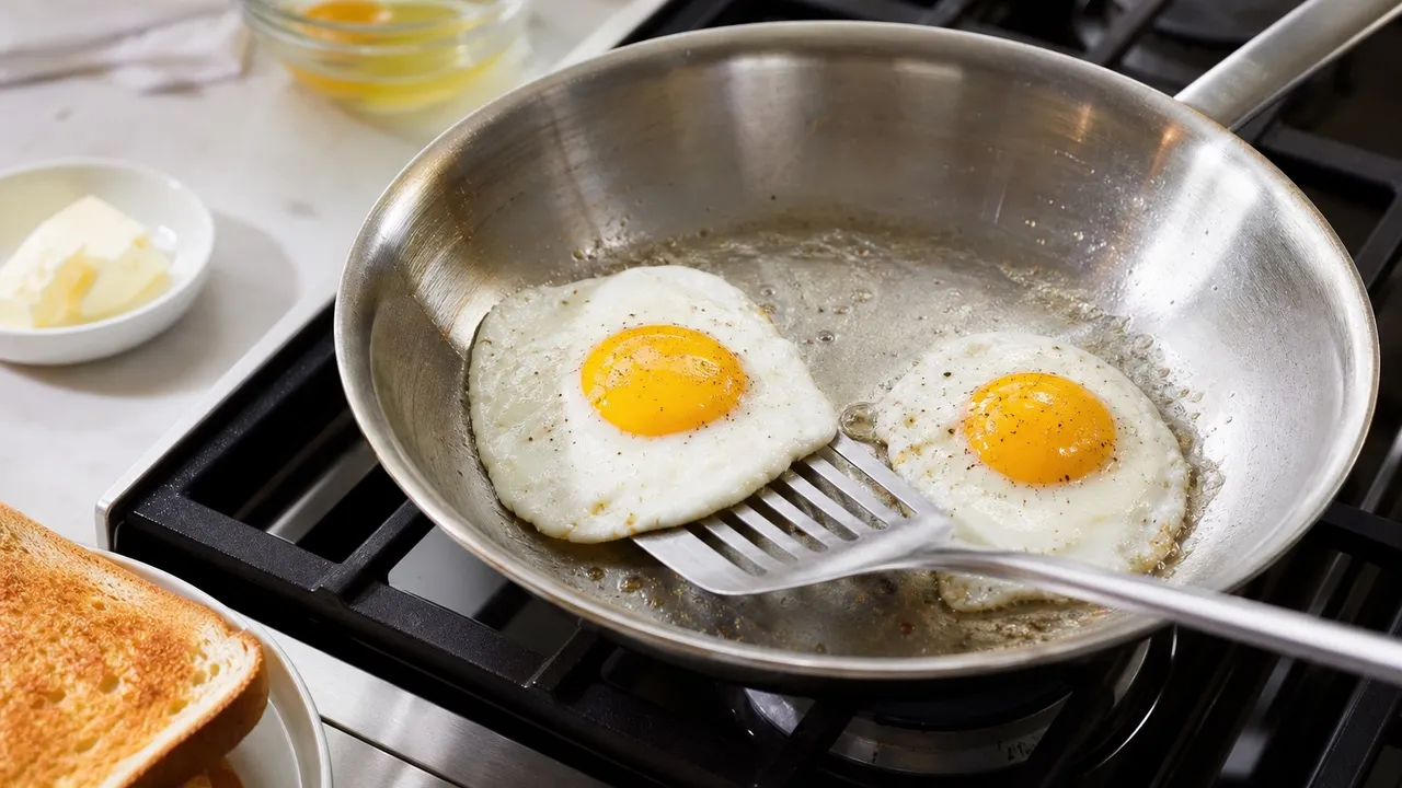 Fried egg releasing from a buttered stainless steel skillet on a stovetop.