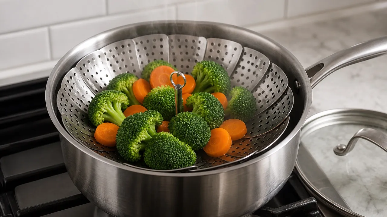 Stainless steel steamer basket holding broccoli and carrots above a saucepan.