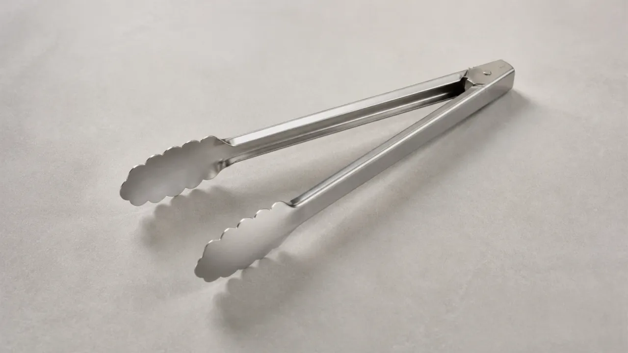 Unbranded stainless steel cooking tongs with open scalloped tips on a neutral surface.