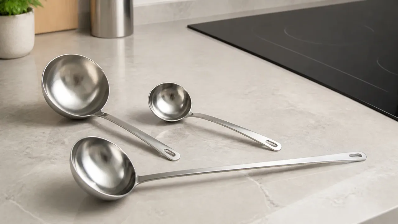 Unbranded stainless steel ladles with different bowl sizes and handle lengths on a neutral kitchen counter.