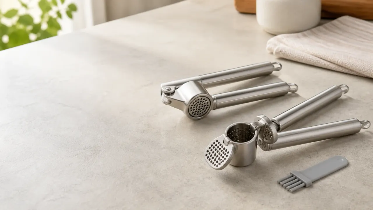 Unbranded stainless steel garlic presses, one open and one closed, on a dry neutral counter; conceptual illustration that does not verify hidden construction, material, or product identity.