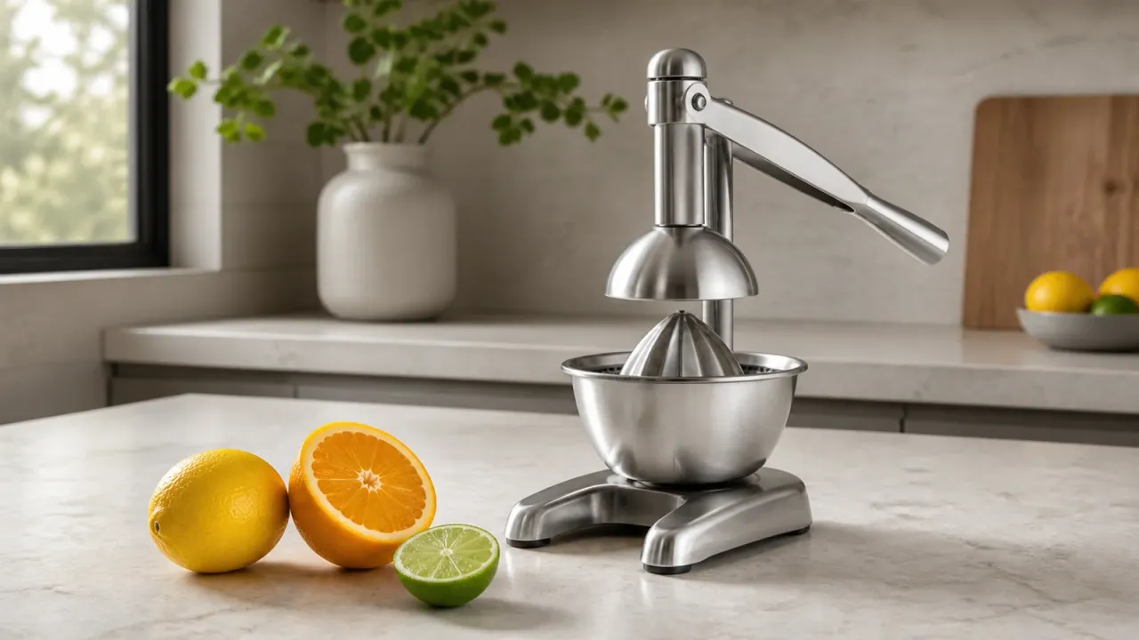 Unbranded manual stainless steel citrus juicer with whole and halved citrus on a neutral counter.