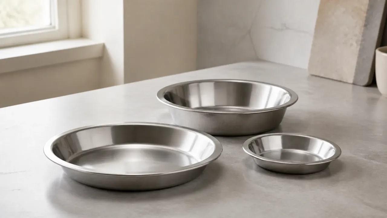 Three unbranded stainless steel pie pans on a neutral baking counter.