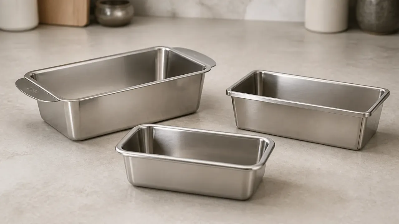 Three unbranded stainless steel loaf pans arranged on a neutral baking counter