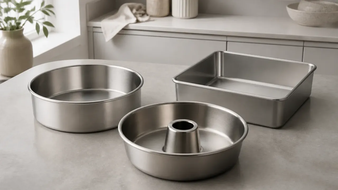 Three unbranded stainless steel round, square, and tube cake pans on a neutral baking counter.