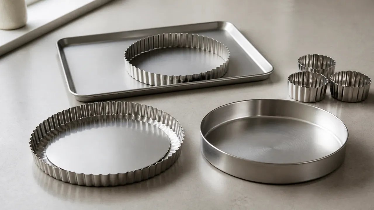 Unbranded stainless steel tart pans and rings in several base styles on a neutral baking counter.