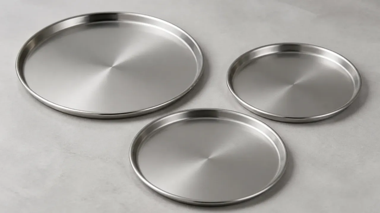 Unbranded stainless steel pizza pans on a dry cool gray surface