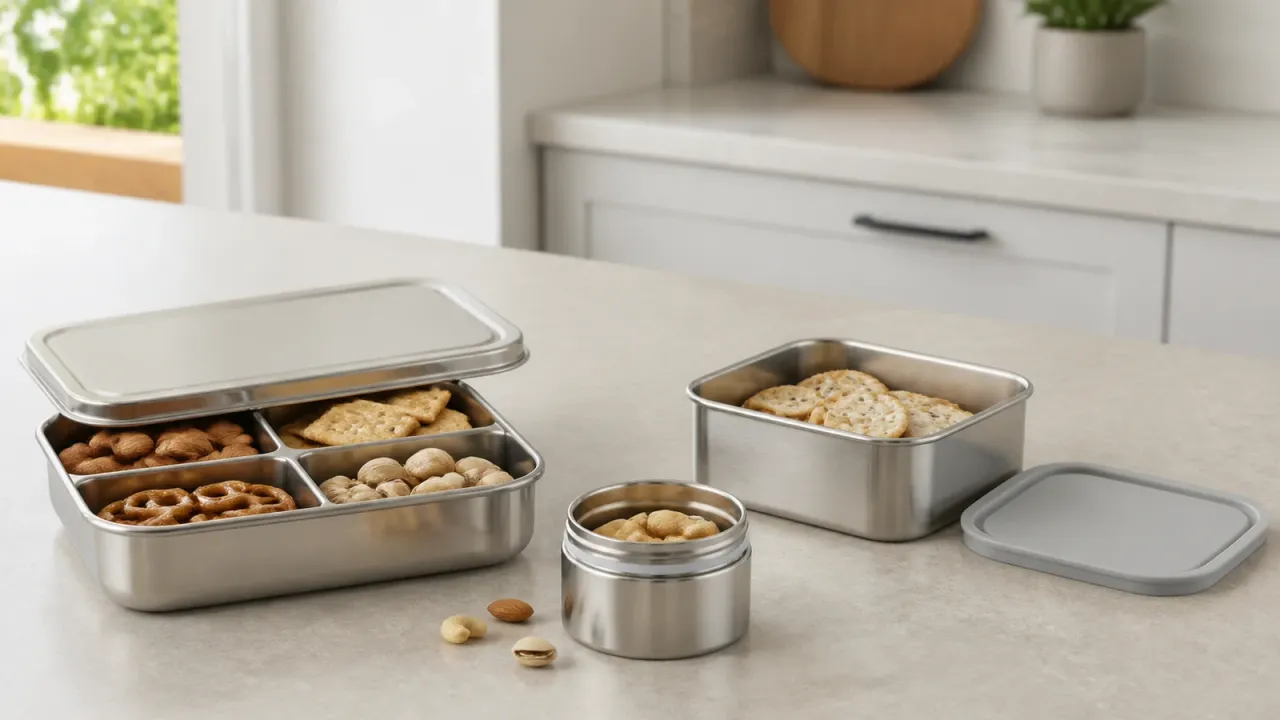 Unbranded stainless steel snack containers showing divided, round, and silicone-lid formats on a neutral counter; illustrative only.