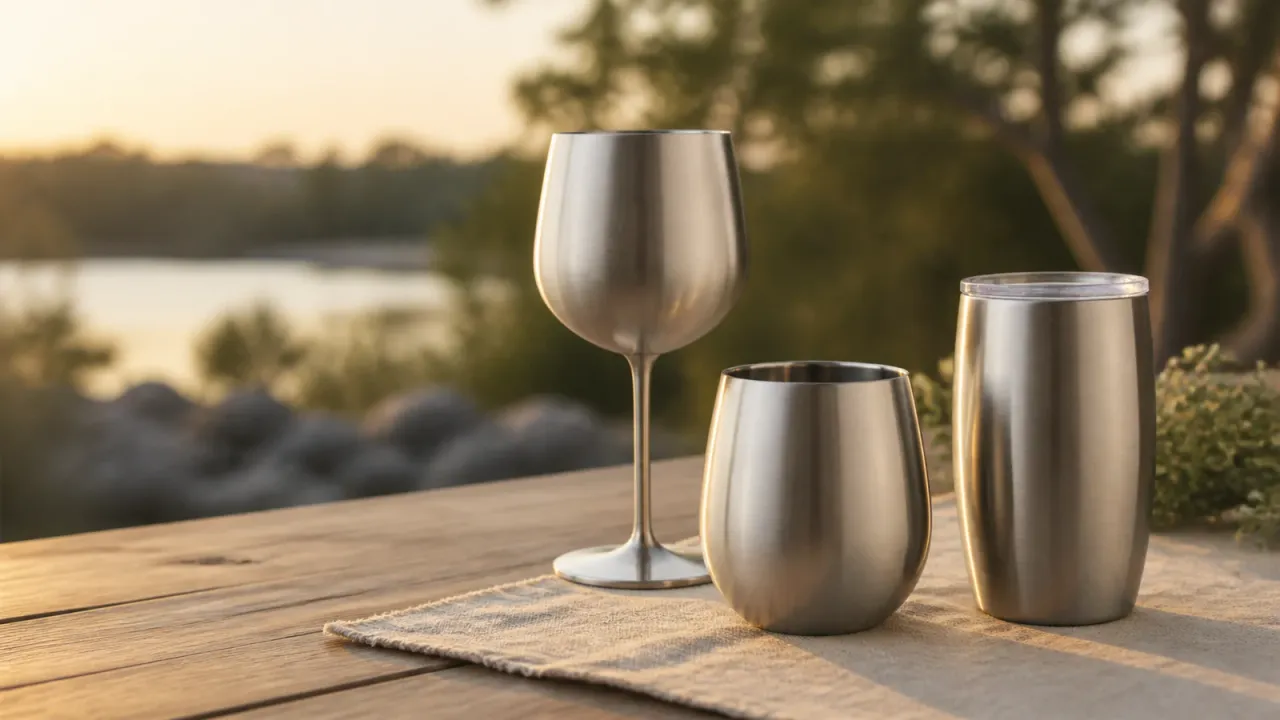 Three unbranded stainless wine-service vessels showing stemmed, stemless, and lidded forms on an outdoor table