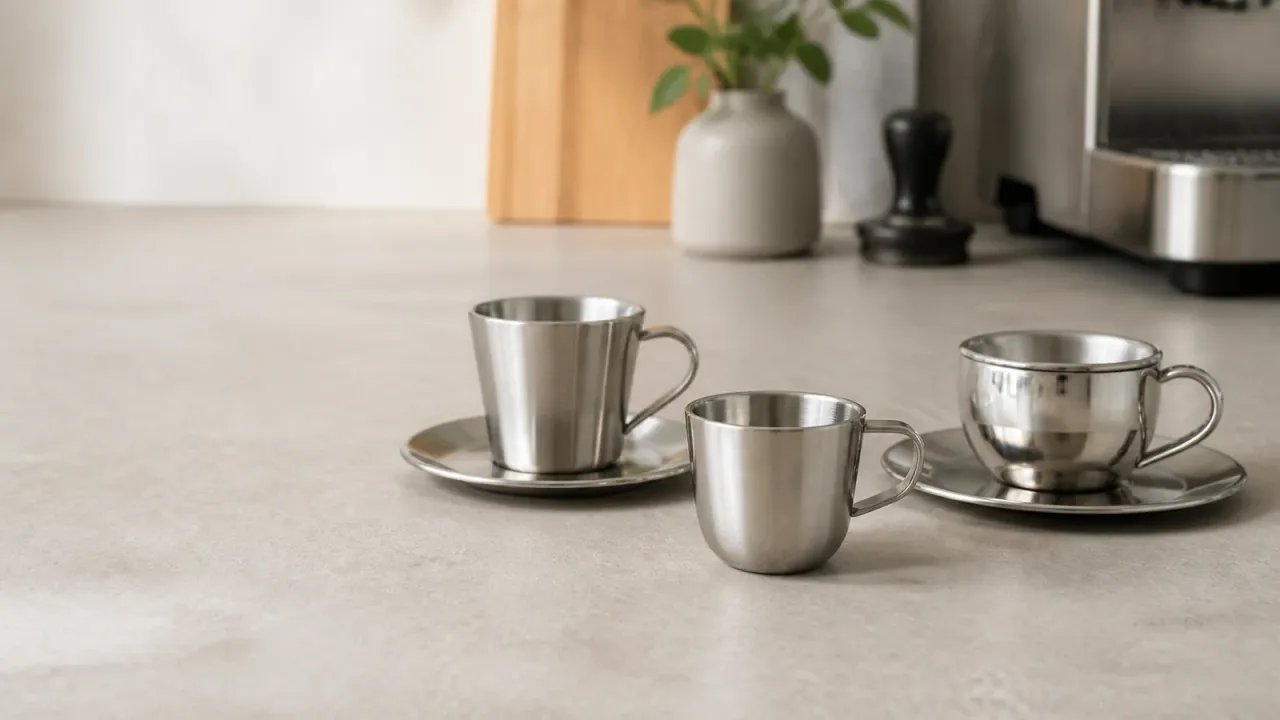 Unbranded small stainless steel espresso cups and saucers on a neutral counter