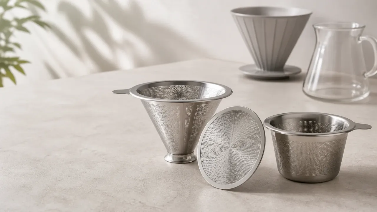 Unbranded stainless steel cone, disc, and basket coffee filters on a dry neutral counter; conceptual illustration that does not verify hidden construction, fit, or product identity.
