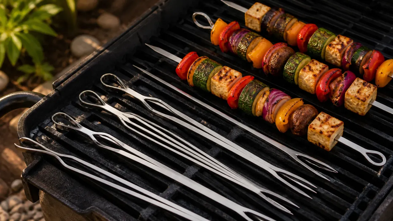 Unbranded stainless steel skewers arranged over vegetables on an outdoor grill.