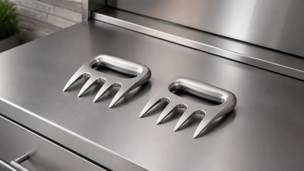 Two unbranded stainless steel meat claws resting on a clean inactive stainless steel prep surface