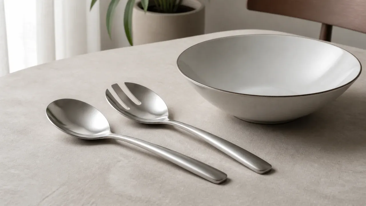 Unbranded stainless steel salad-serving spoon and fork beside an empty neutral salad bowl.