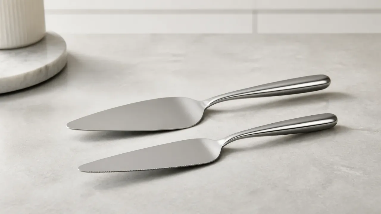 Unbranded stainless steel cake servers arranged on a neutral counter; conceptual illustration that does not verify any product's hidden construction.