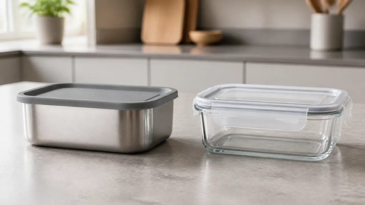 Unbranded stainless steel and clear glass food storage containers with lids on a neutral kitchen counter