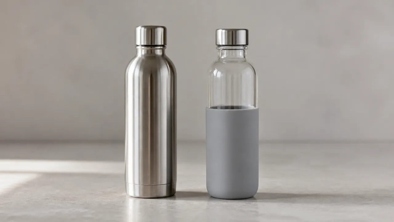 Unbranded stainless steel and glass water bottles standing side by side on a dry neutral counter