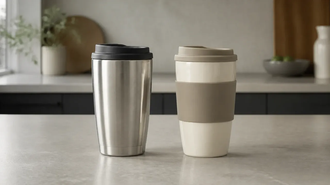Unbranded stainless steel and ceramic travel mugs side by side on a neutral kitchen counter