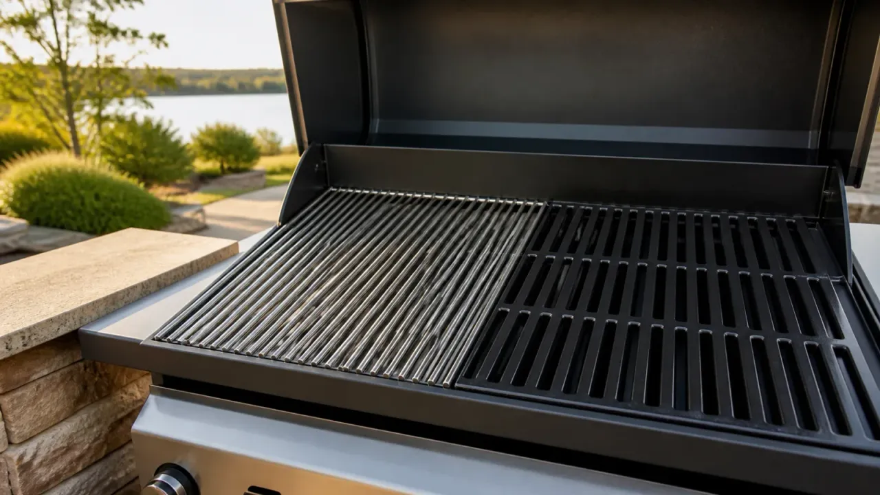 Unbranded stainless steel and cast iron grill grates shown side by side on an unlit outdoor grill