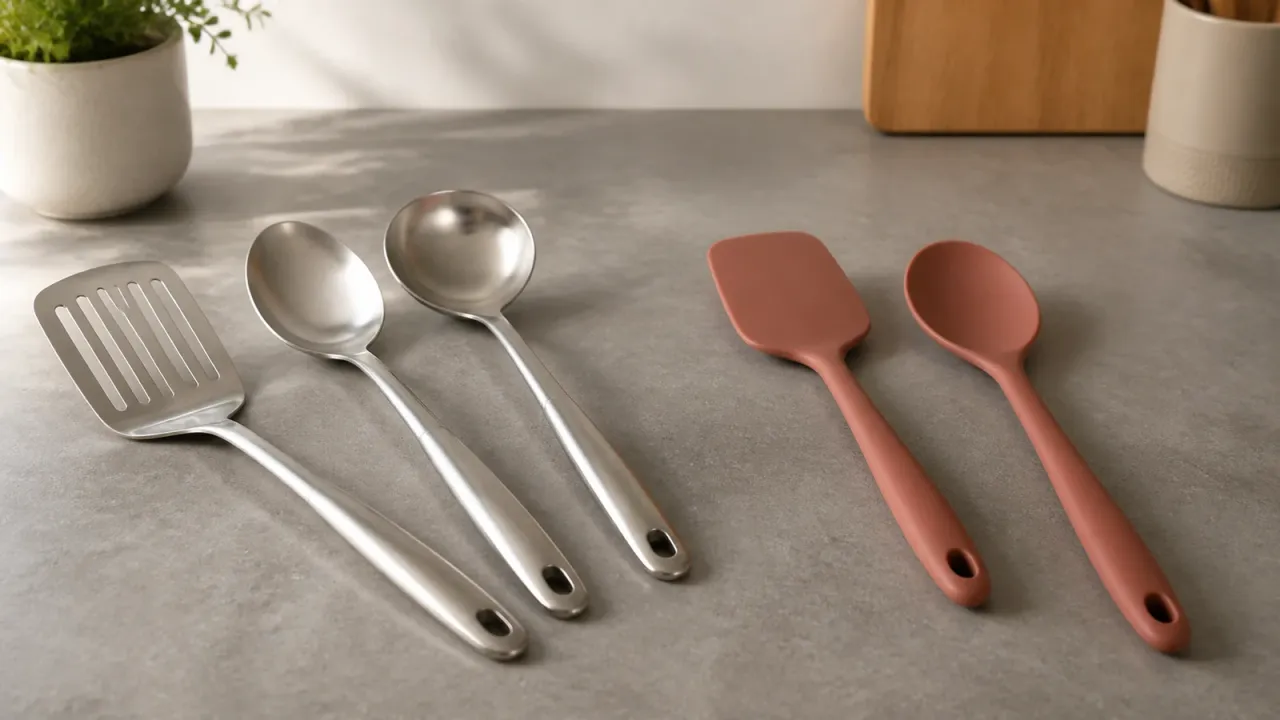 Unbranded stainless steel and silicone kitchen utensils arranged in separate groups on a neutral counter; illustrative material comparison only.