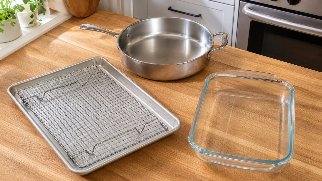 Rimmed sheet pan with rack, stainless steel skillet, and glass baking dish.