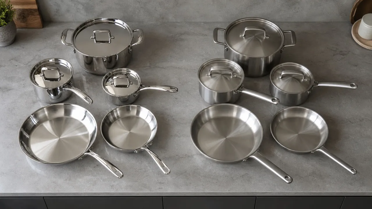 Two unbranded three-ply stainless steel cookware groups with polished and satin finishes