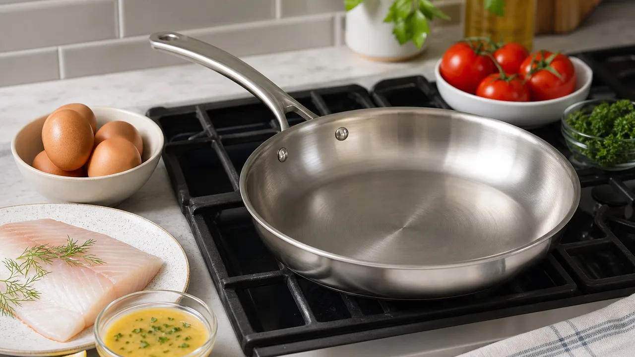 Stainless steel skillet with delicate fish, egg, and caramel ingredients arranged nearby.