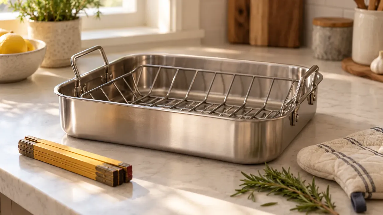 A stainless steel roasting pan with a rack and a tape measure on a bright kitchen counter.